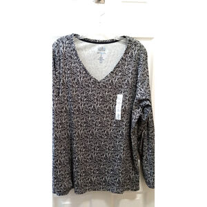 Croft & Barrow Classic T-shirt V Neck Long Womens Plus Sz 1X Black Floral NWT